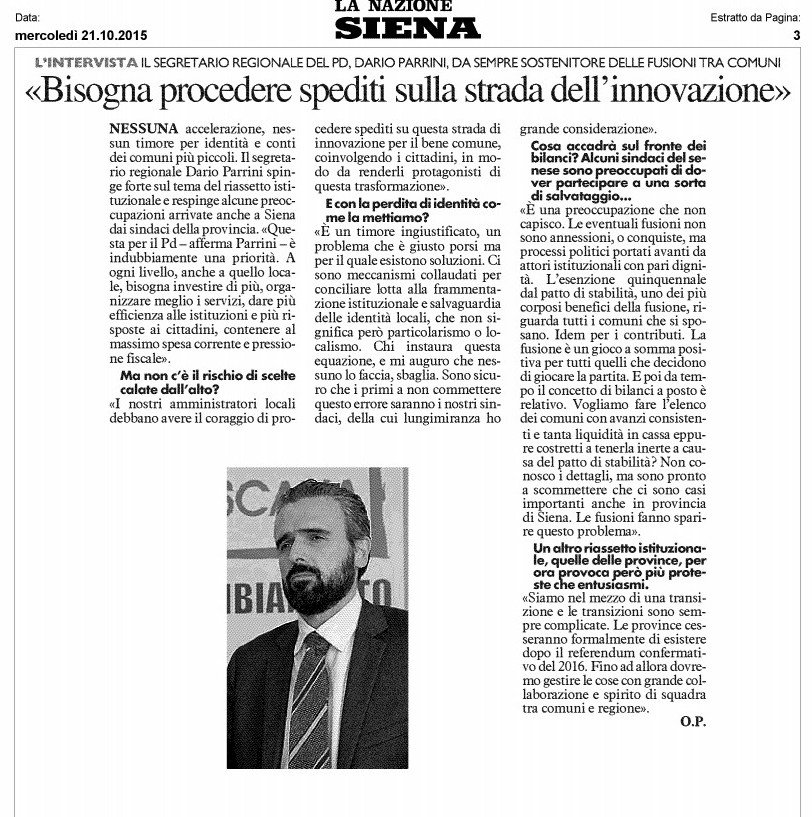La strada dell'#innovazione: intervista di <a href="/DarioParrini/">Dario Parrini</a> su fusioni e Unione di Comuni: sono una priorità.