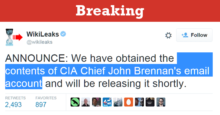 TheHackersNews's tweet photo. BREAKING — #WikiLeaks obtains #CIA Director's Hacked Emails &amp; Plans to Publish them Shortly https://t.co/MxhUEH0fnw https://t.co/8zpTxDhbjx