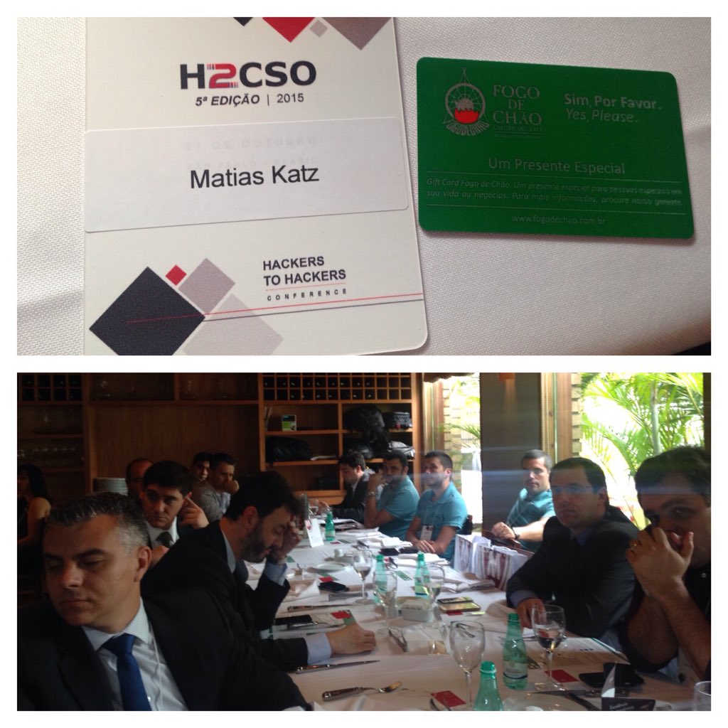 MatiasKatz's tweet image. Já começou @h2hconference. Hackers/CSO debate now. Then #Sampasec. Conf on saturday. My talk, sunday. Awesome week.