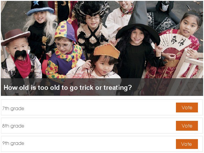 FavePages's tweet image. How old is too old for trick or treating? Vote &amp;amp; see results &amp;gt; favepages.com/singlepoll/90