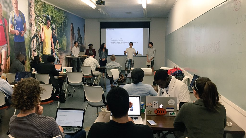 MuniMod's tweet photo. First round of pitches. Hearing from MapForce, a GIS web app for displaying parcel data. #civictech https://t.co/2Q97N10oOM