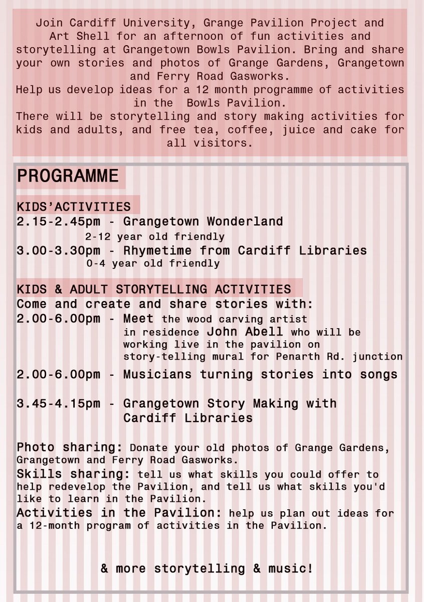 GrangetownStory's tweet image. Sat 24 Oct- Bowls Pavilion, Grange Gardens, 2-6 pm. Storytelling, music, free drinks&amp;amp;cake! Ofiicial programme below.