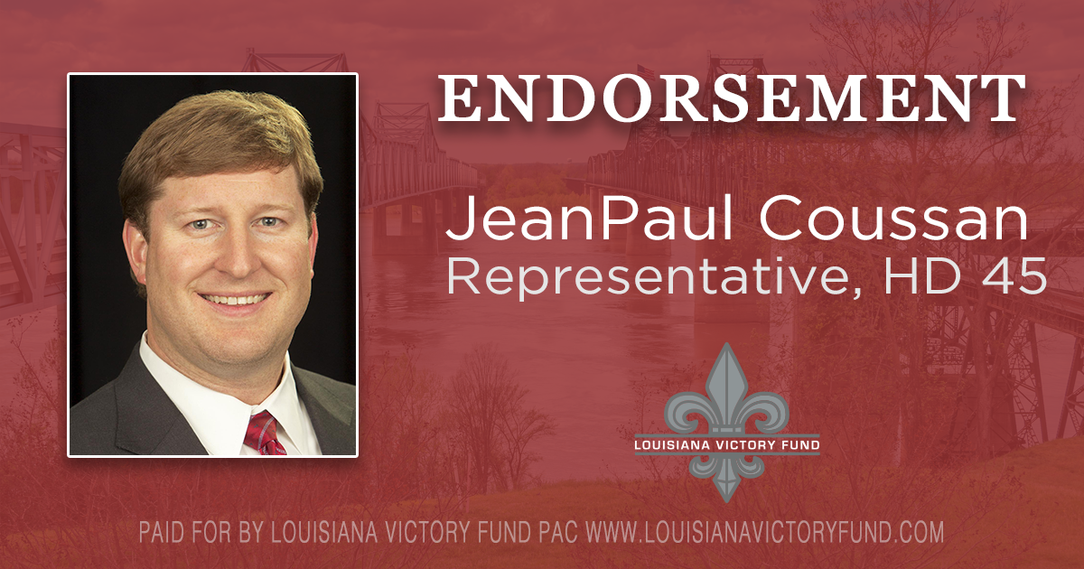LAVictoryFund's tweet photo. We're happy to announce our endorsement of @JeanPaulCoussan in the #LAHD45 race #LaGov #LaElex #LeLege https://t.co/rqYUGHdJQu