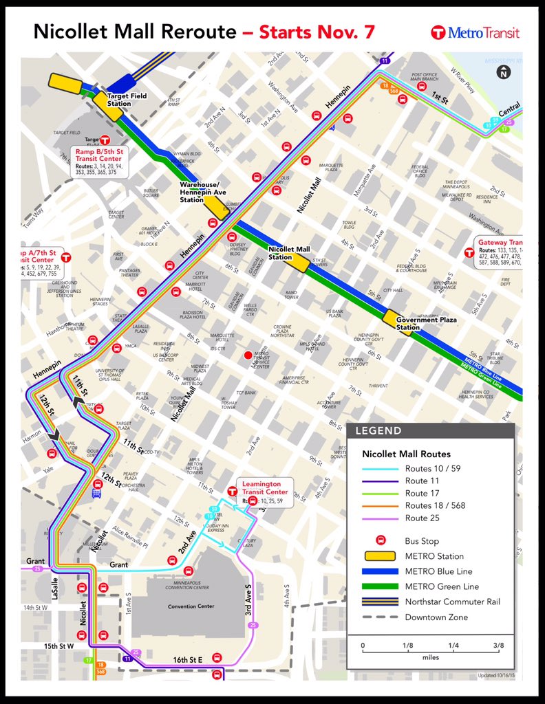 CameranBailey's tweet photo. #Minneapolis #publictransit Rerouting of downtown Minneapolis buses November 7 https://t.co/8xs4NgbkLJ
