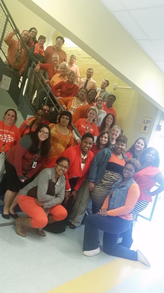 CMMSCougars's tweet image. CMMS Staff wear orange to support bullying prevention @WakeSchCounslo #WeAreCarroll #unityday2015