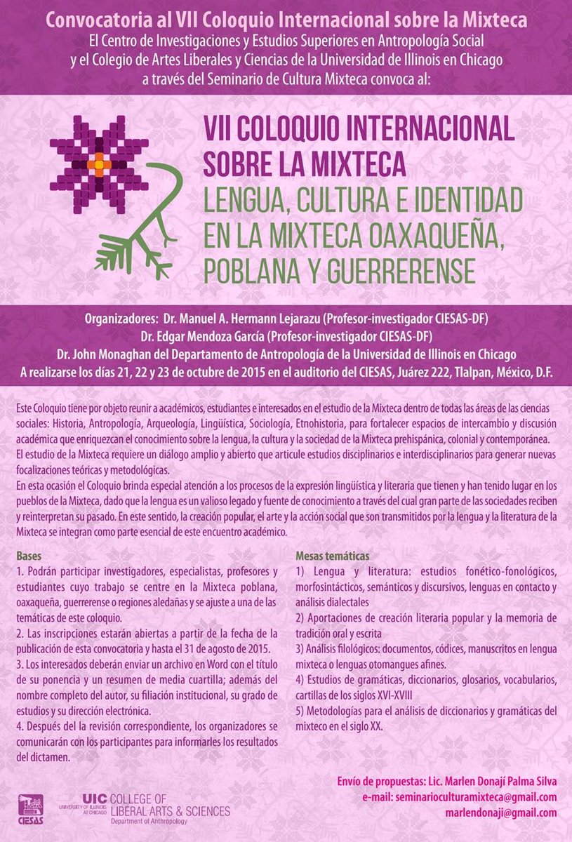 MaestriaAS's tweet photo. VII Coloquio internacional sobre la Mixteca, Auditorio 222, Tlalpan del 21 al 23 de octubre, 2015 https://t.co/QI1WSHQS3k