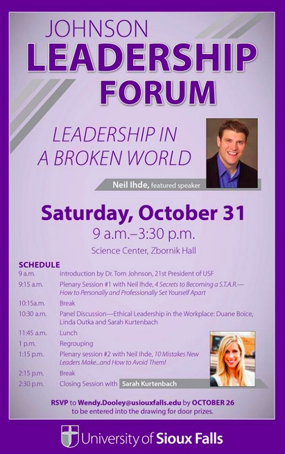 USiouxFalls's tweet photo. Join us for the Johnson Leadership Forum on Oct. 31, featuring keynote speaker @NeilIhde '94 &amp; @sarahkurtenbach '09. https://t.co/Pu3UxnV6pM