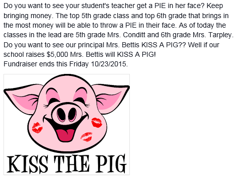HooverElemAzle's tweet photo. Do you want to see your teacher get a PIE in her face? Do you want to see our principal Mrs. Bettis KISS A PIG?? https://t.co/IybytUlrRD