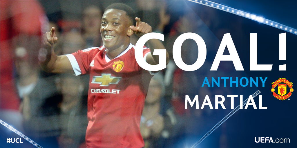 United's pressure finally pays off! The France striker stoops to head in Antonio Valencia's right wing cross. #UCL