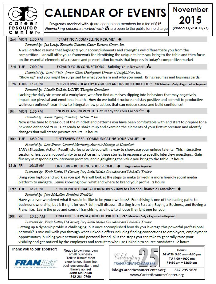 CRCJobSearch's tweet image. CRC's Nov15 Calendar is here!  Thanks to our sponsor @ChicagoFranchis careerresourcecenter.org/events/ #jobsearch # Chicago