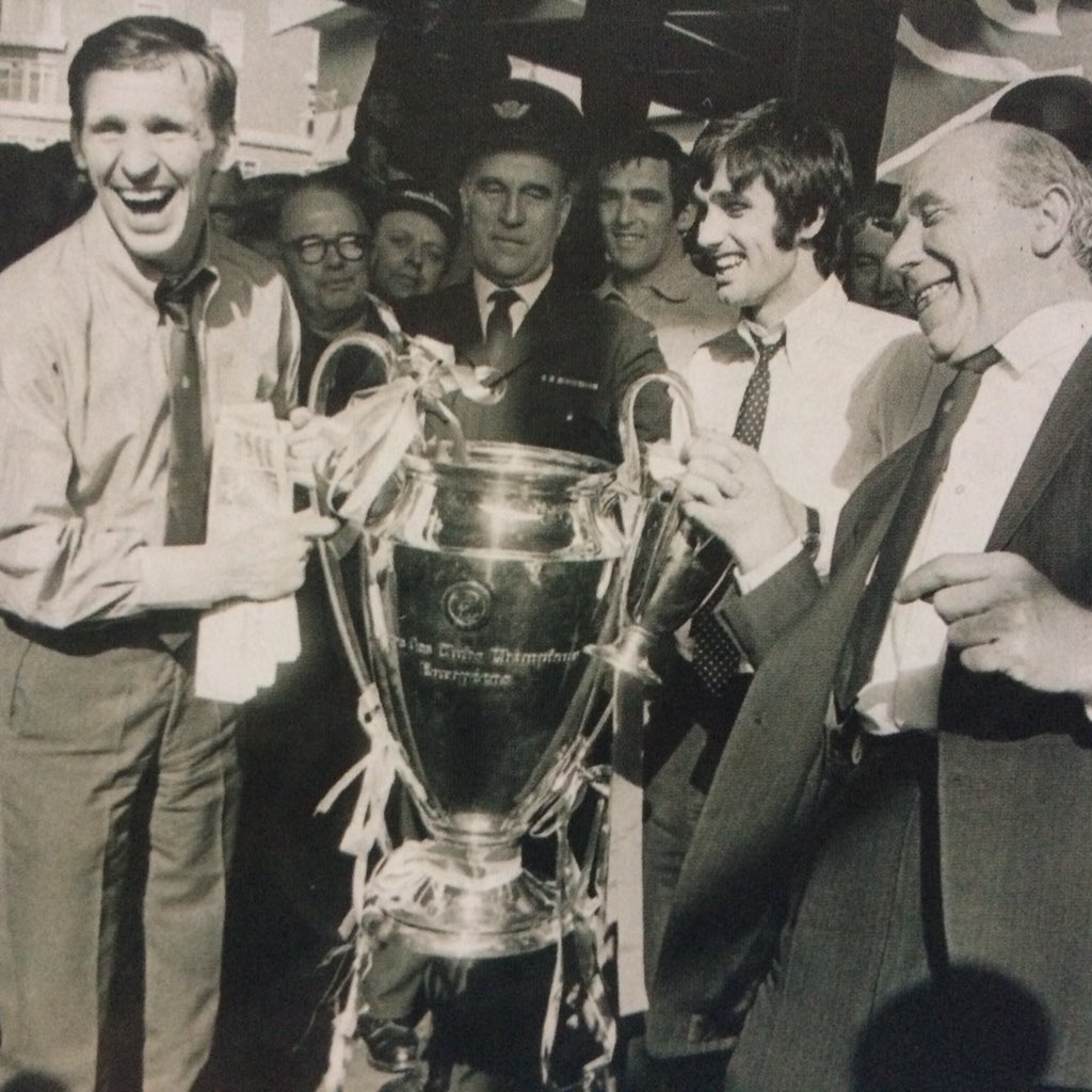 Theleaguemag's tweet photo. Pat Crerand, George Best and Matt Busby of Man Utd with the European Cup https://t.co/pBPyXtORgO
