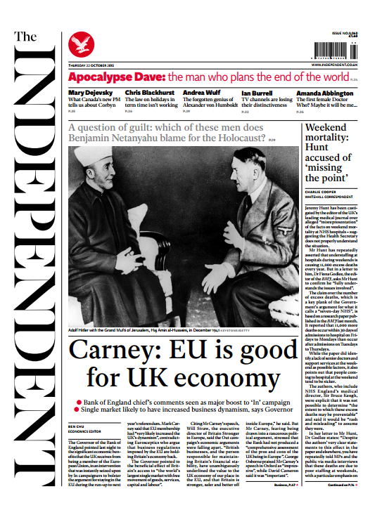 SkyNews's tweet photo. THE INDEPENDENT FRONT PAGE: 'Carney: EU is good for UK economy' #skypapers https://t.co/iO3YVMNqDR