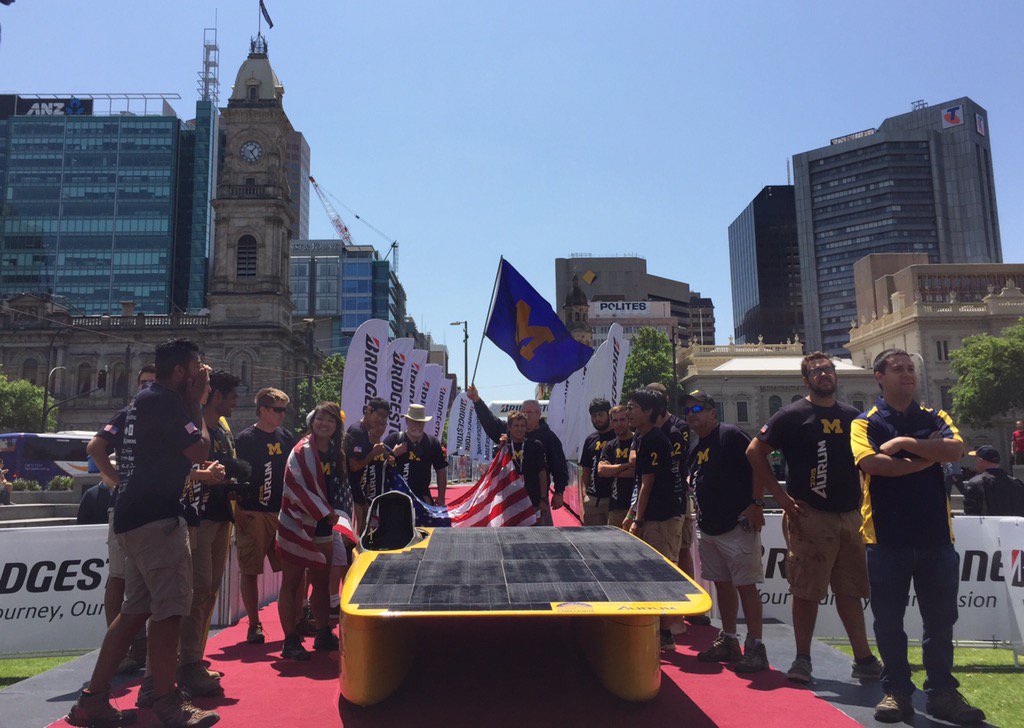 UMSolarCarTeam's tweet photo. Go fast, go smooth, go blue! First American team to finish line and 4th overall in the world! #umsolar25 https://t.co/K8SeFc5dPH