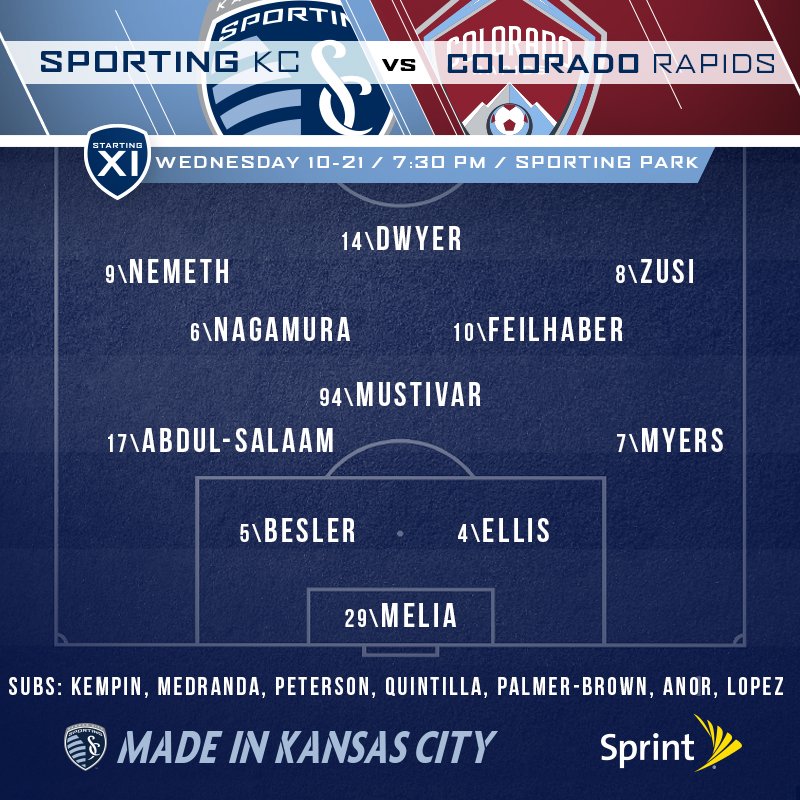 SportingKC's tweet image. #SportingKC's starting XI vs. @ColoradoRapids. TV coverage begins at 7pm CT on @38TheSpot! bit.ly/1hV60Xq