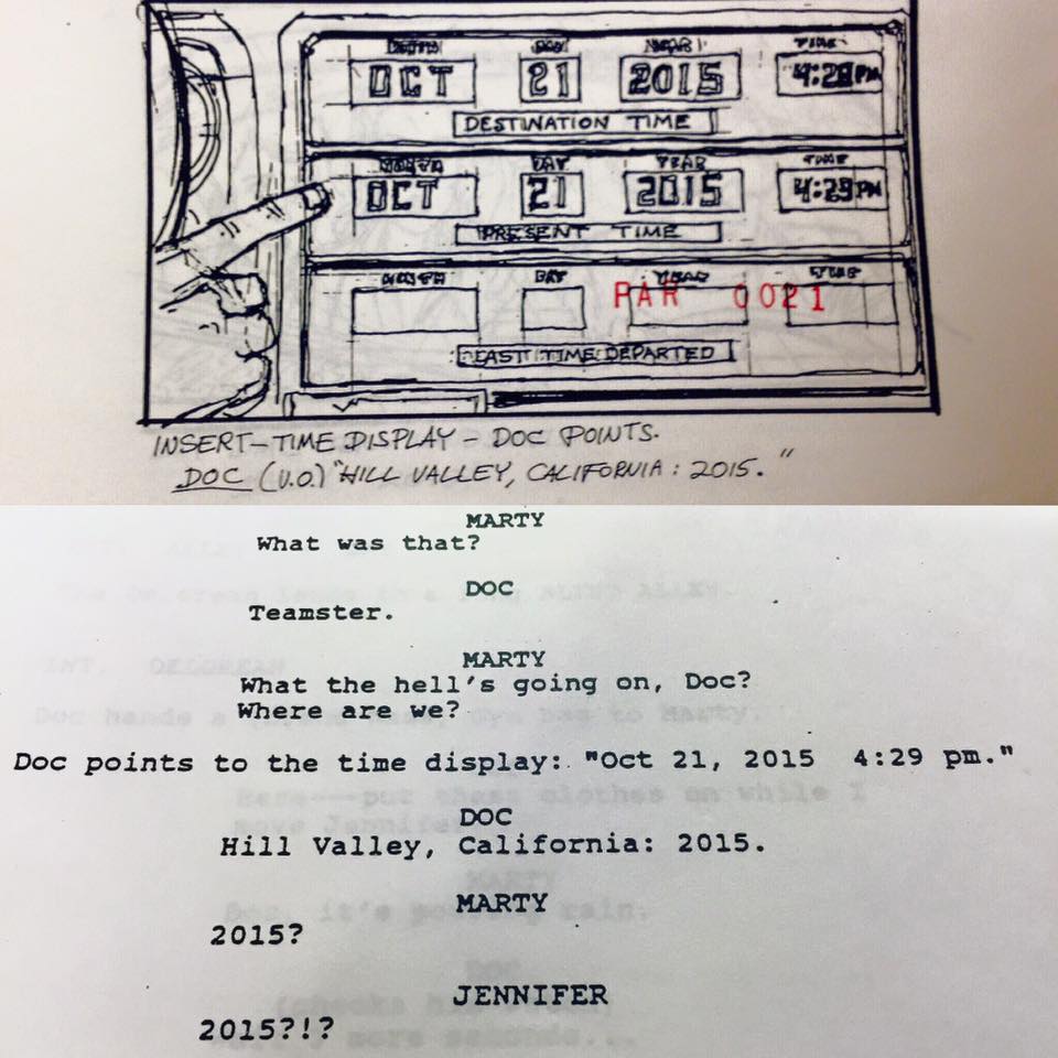 TheAcademy's tweet image. Great Scott!  Here's the storyboard from the 10/21/2015 shot in #BackToTheFutureII and the script excerpt.
