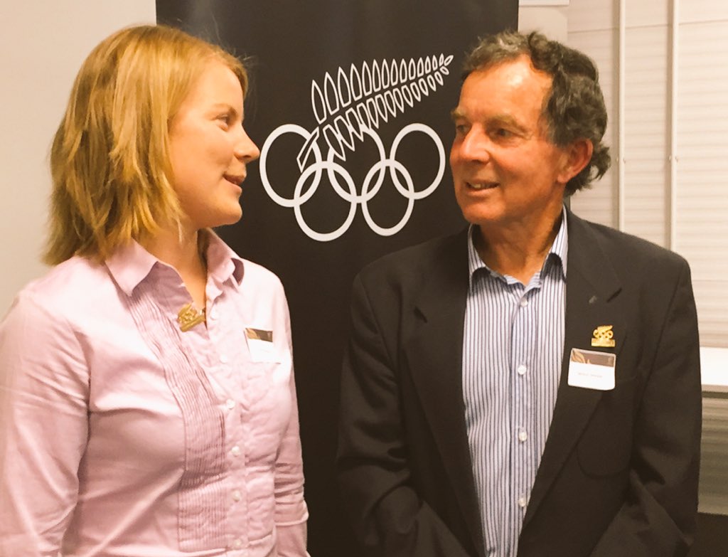 Selwyn Maister presenting Olympic pin #1226 to World Champion <a href="/LVillumsen/">Linda Villumsen</a> at Olympians function in <a href="/Christchurch_NZ/">ChristchurchNZ</a>