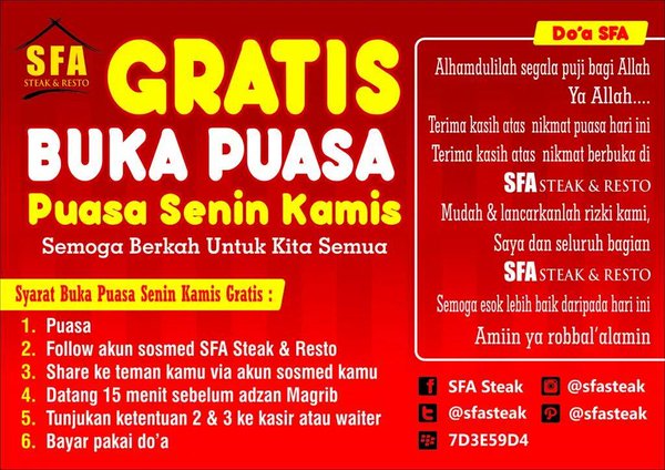 aniiswah's tweet photo. yg hari ini puasa, silahkan buka puasa gratis at @sfasteak jln Jend A Yani 80 Sragen. Semoga berkah :) Aamiin. https://t.co/vDKstXRxpC