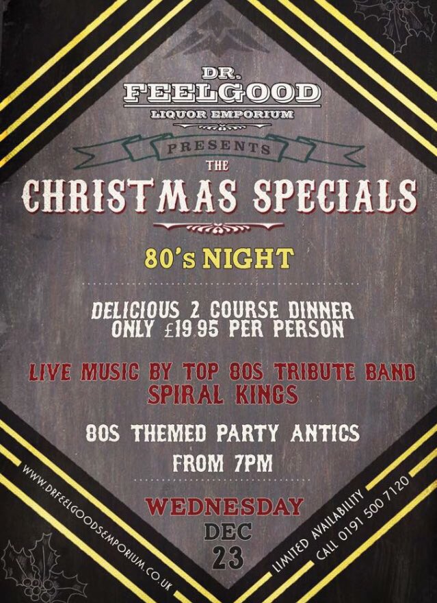 Just look at what we have this December @Doc_feelgoods #christmasdo #worksdo #ladiesnight #comedy #80s 🎊🎉🎊🎉🎊🎉🎊🎉