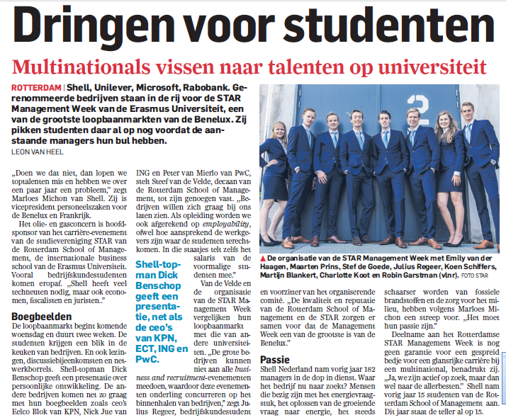 ManagementWeek's tweet image. Today, you can read about the STAR Management Week 2015 in the 'Algemeen Dagblad'! @Shell @RSMErasmus @SteefvdVelde