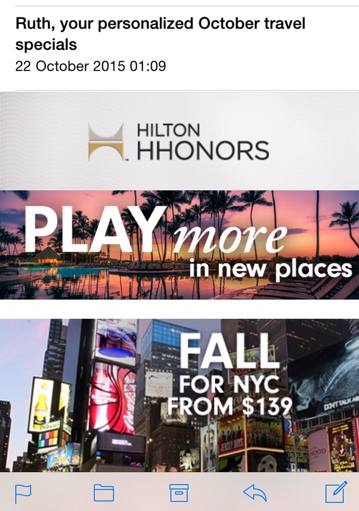 NigelPClarkson's tweet image. So @HiltonHotels are really nailing this &apos;personalised travel email&apos;.Sending it to me starting &apos;dear Ruth&apos; #DataFail
