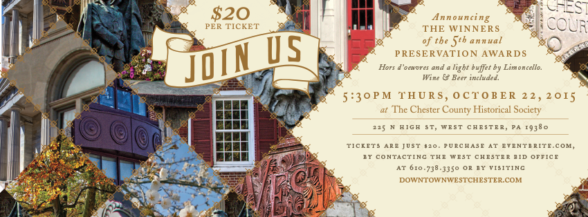 WCPreservation's tweet image. West Chester Preservation Awards TONIGHT! 
5:30pm @ChesterCoHist Tickets still available! 
eventbrite.com/e/west-chester…