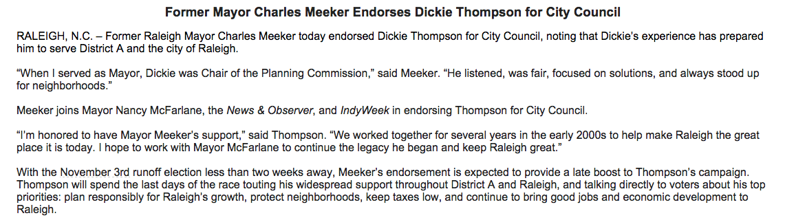 mechelleh's tweet photo. Update on Raleigh's District A race- Former mayor Charles Meeker endorses Dickie Thompson (also McFarlane's pick) https://t.co/QIqQhYYRtf