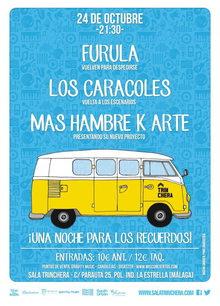 El SABADO en <a href="/SalaTrinchera/">Sala Trinchera</a> se lía
<a href="/FurulaBanda/">Furula</a> <a href="/LosCaracoles_/">Los Caracoles</a> y Más Hambre K Arte
entradas: misconciertos.com/realizar-pedid…
