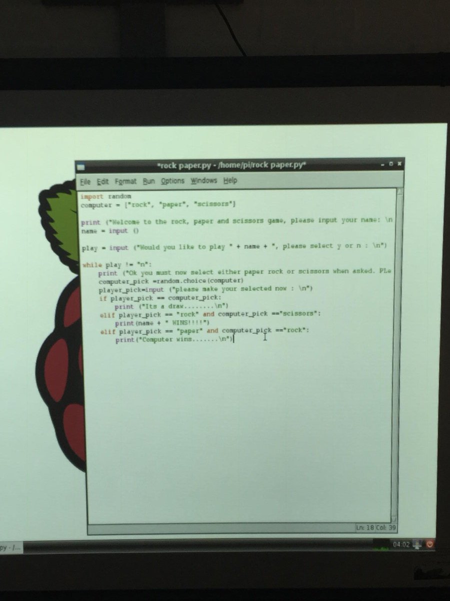ChrisBosward's tweet image. Code club creating Rock Paper Scissors game in Python. #lovepython #programming