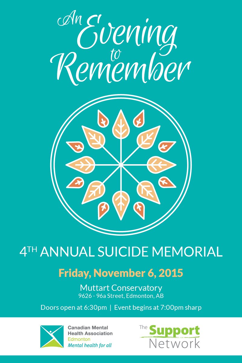 EdmSupportNet's tweet image. Nov 6 at @YegMuttart will be 'An Evening to Remember'.  This #suicide #memorial is open to all. #E2R @CMHAEdmonton