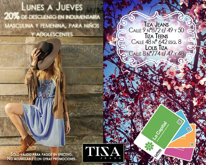 TarjetaLC's tweet photo. ¿Estás lista para los 25º de hoy? Primavera con Tiza Jeans y tu TARJETA La Capital https://t.co/SOpt1OwrMh