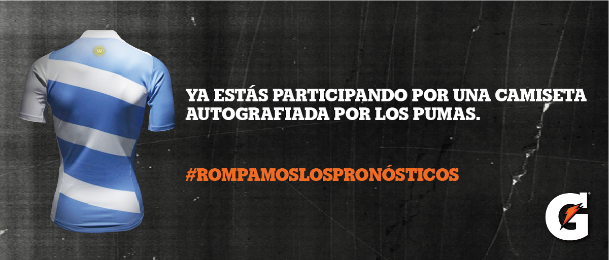 GatoradeARG's tweet photo. Enviá un tweet con #RompamosLosPronósticos + @GatoradeARG recibí tu camiseta virtual y participá por la de Los Pumas https://t.co/ny0obAc8mg