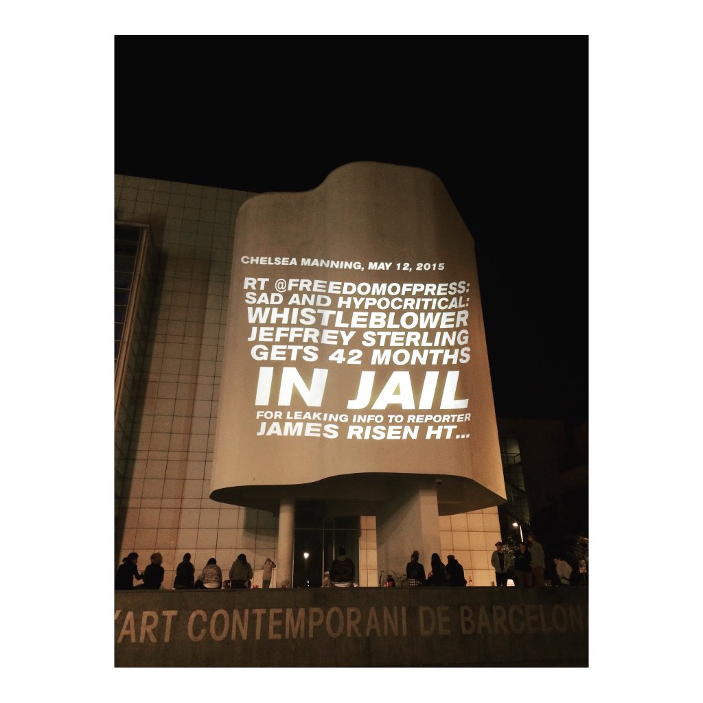 .@bitnk action projecting #chelseamanning tweets in public space! Right now at #influ2015