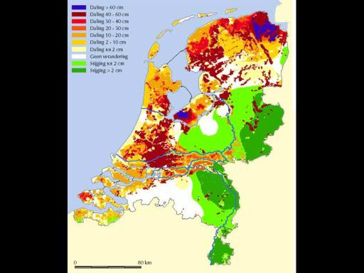 De verwachte bodemdaling tot 2050 in Nederland (vanaf 1997). Werk aan de winkel dus qua waterbescherming