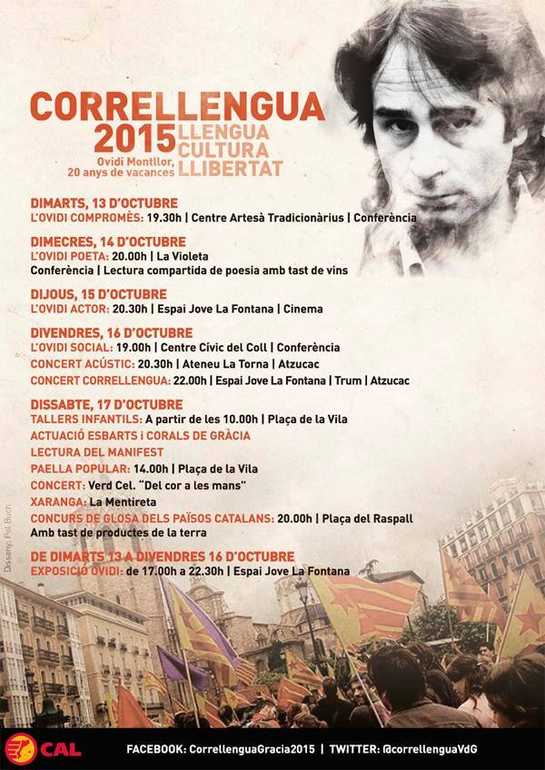 Cartell de Correllengua a Gràcia 2015. Ovidi Montllor 20 anys de vacances. Llengua. Cultura. Llibertat.