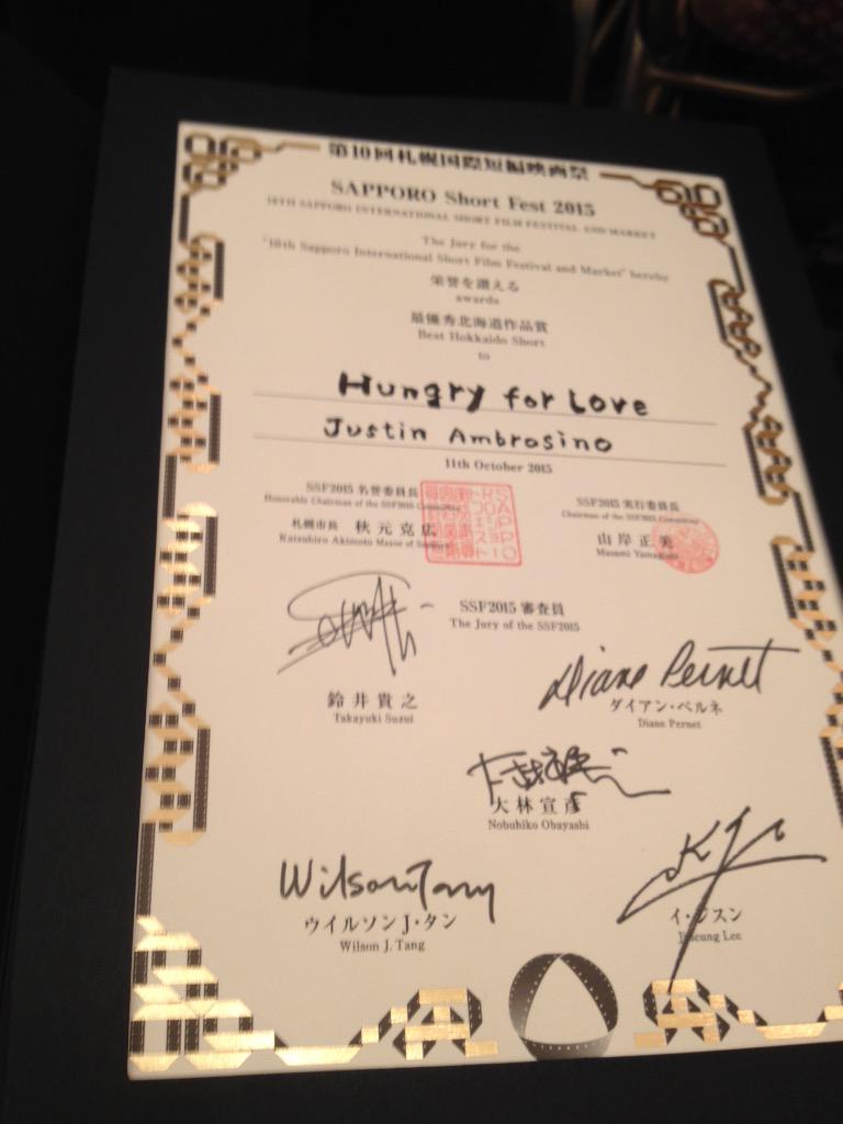 AmbrosinoJustin's tweet photo. We just won the Best Hokkaido Short at the Sapporo Shorts Fest! http://t.co/yaw6DjlVBz