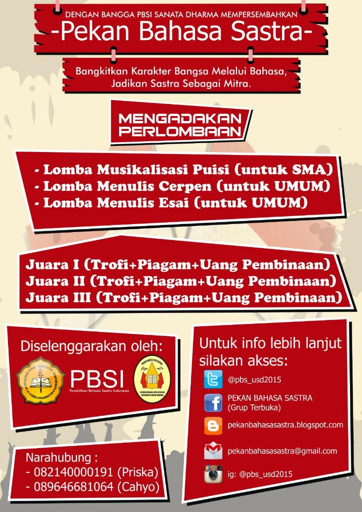 HMPS_PBSI's tweet photo. Pekan Bahasa dan Sastra @usd_bem min.. Minta tolong disebarkan yaa http://t.co/jGR8RU7dPj