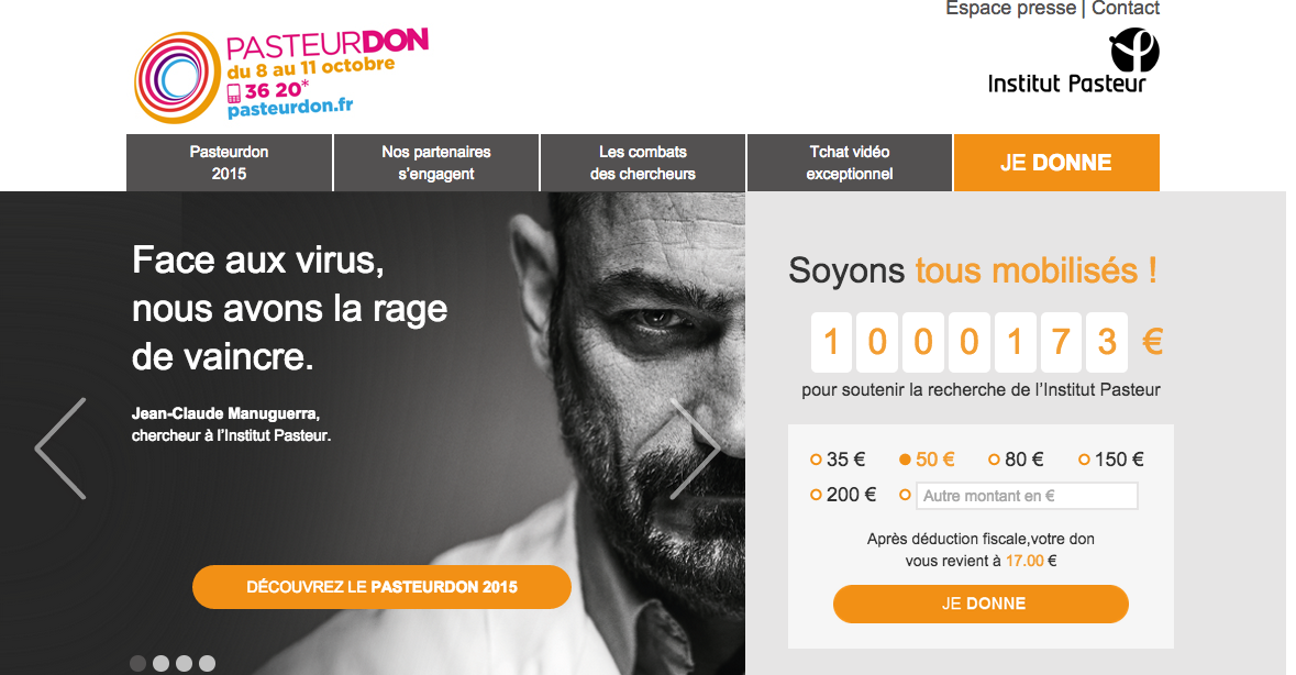 institutpasteur's tweet photo. #Pasteurdon 1 MILLION € vient d'être passé ! UN GRAND MERCI ! Poursuivez vos dons au 3620 ou http://t.co/FzdINp18e5 http://t.co/4vCloqQuXF