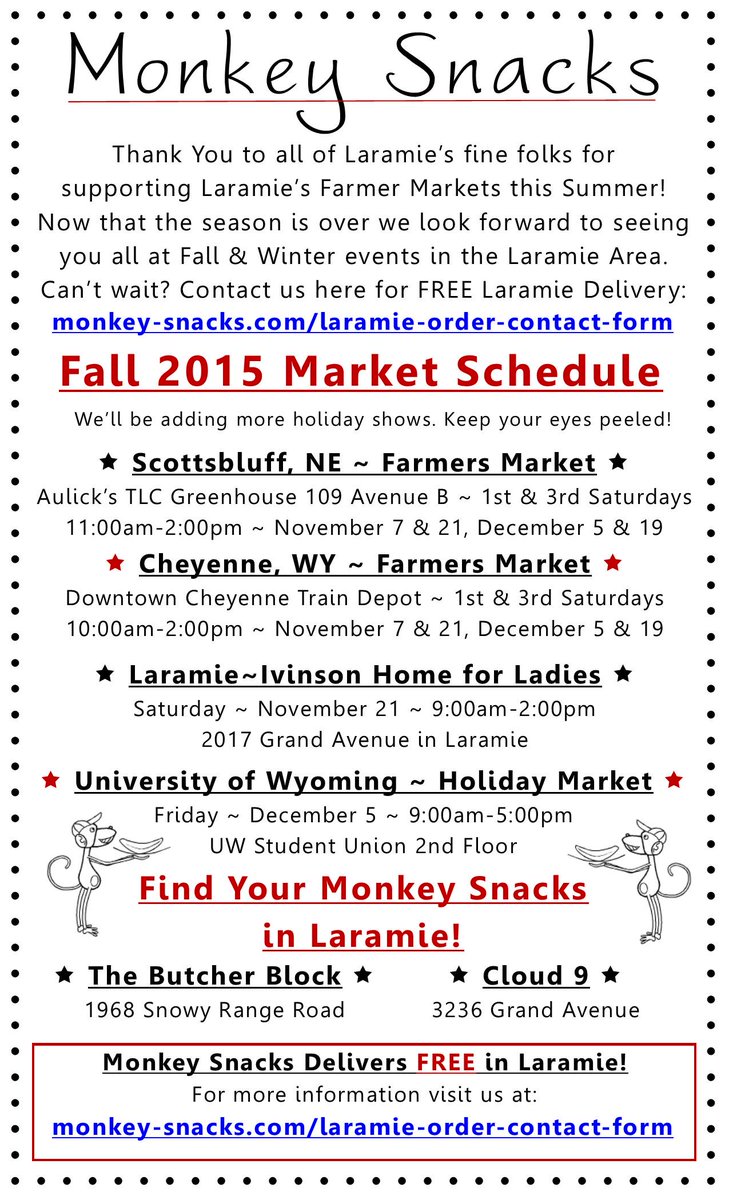 MonkeySnacksWYO's tweet photo. Fall already?! Catch Monkey Snacks &amp; the Best Granola &amp; Spices On The Planet at these great venues &amp; on the internet! http://t.co/bx3mmjn4L1