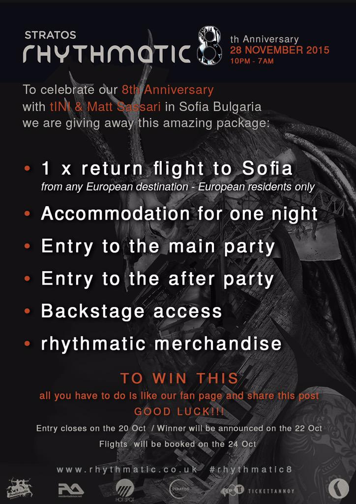Win this huge package completion for our 8 Anniversary facebook.com/rhythmatic.eve… <a href="/StratosEve/">Stratos Music Events</a> <a href="/tINItweed/">tINI</a> <a href="/MattSassari/">Matt Sassari</a>