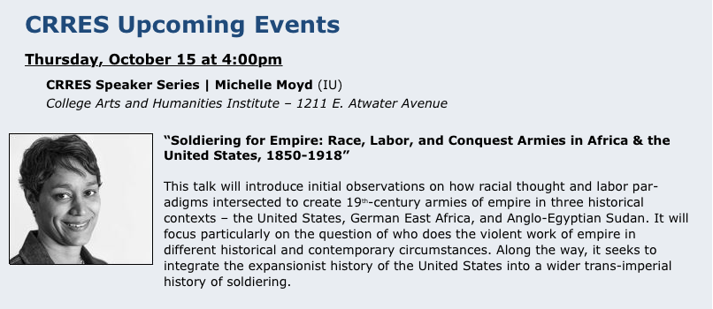 IULatAmHistory's tweet photo. THIS WEEK @IUBloomington: Michelle Moyd, "Soldiering for Empire" #soldiers #history #africa #usa #twitterstorians http://t.co/K2Z41lmvRO