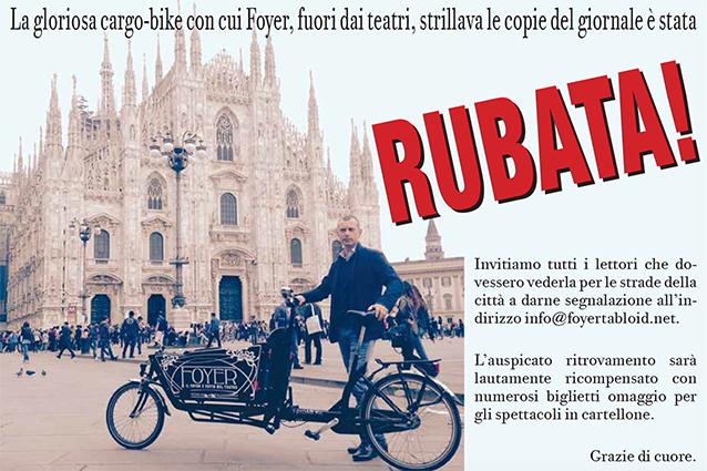 FOYERtabloid's tweet photo. #Milano. Rubata la #cargobike con cui il giornale di #teatro #FOYER strillava e distribuiva le copie. http://t.co/hdOfwfhoDT