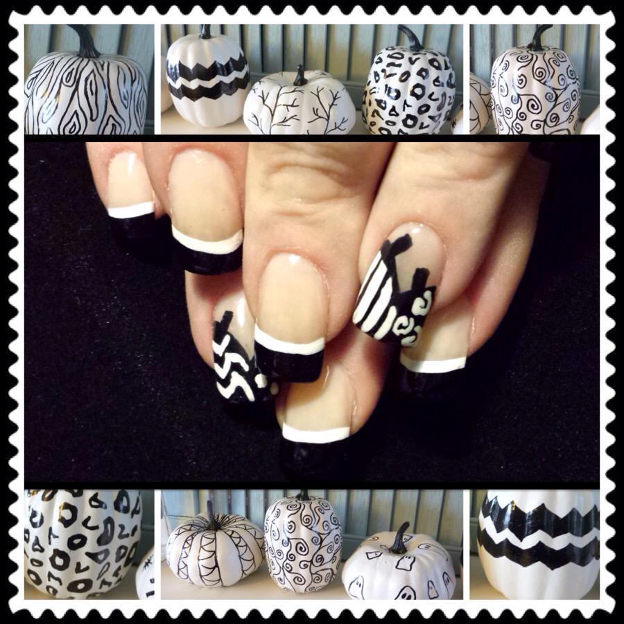 kmlcrafts's tweet photo. Heading toward Halloween so it's a French manicure with black &amp; white pumpkins. Inspired by Robin Moses. http://t.co/Z4NXbBwAX4
