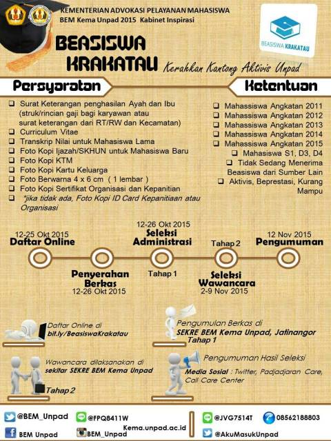 [BEASISWA KRAKATAU]

Pendaftaran:
bit.ly/BeasiswaKrakat… 

3C: 085-621-888-03

Kementerian APM
BEM Kema Unpad 2015