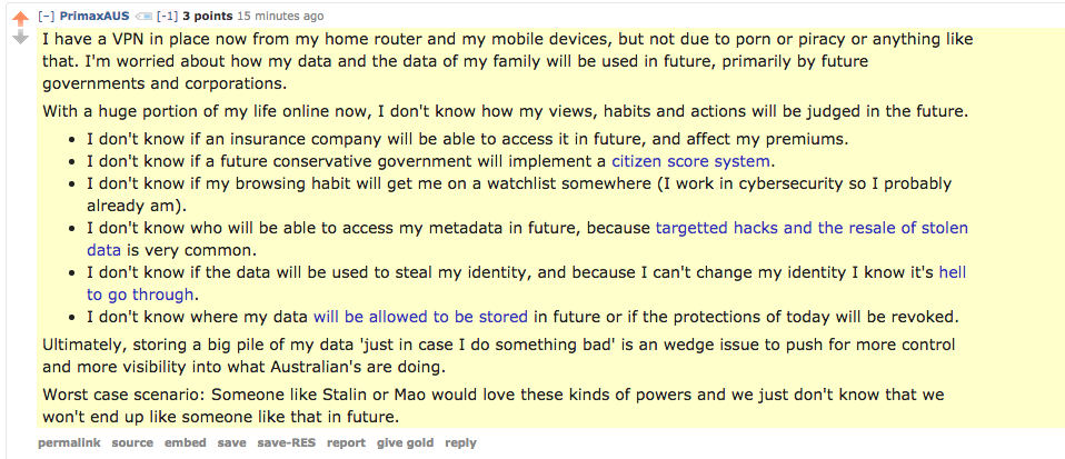 feenicks's tweet photo. This guys comment on reddit nails it regarding #dataretention &amp; why you should care: https://t.co/fsNzXSm2bf #auspol http://t.co/iiR7chlSjD