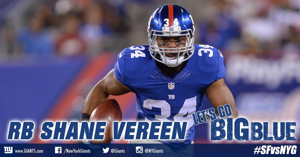 Giants's tweet photo. TOUCHDOWN #Giants! Shane Vereen's first TD as a Giant is a 2-yard TD pass from Eli Manning! 10-3 BIG BLUE! #SFvsNYG http://t.co/Y7ZRgVWSti