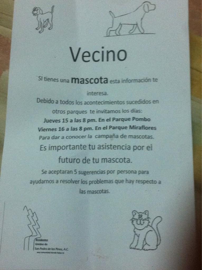 Te esperamos jueves 15 alas 20 hrs parque pombo nuestras mascotas pasa la voz <a href="/NOparqSnPdPinos/">SnPedroNOparquimetro</a> <a href="/SegSPdelosPinos/">Seguridad SanPedrodP</a>