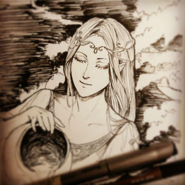 She danced, and at her feet was strewn
A mist of silver quivering #inktober #tolkien 
