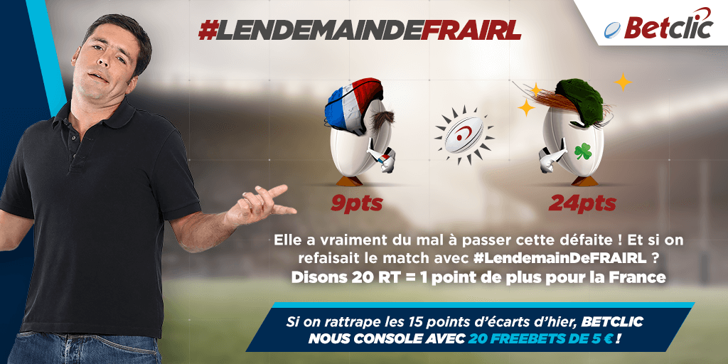 [#LendemainDeFRAIRL] Avec <a href="/DimitriYachvili/">Dimitri Yachvili 🌟</a> on refait le match #FRAIRL avec vos RT ! 
20 FREEBETS pour se consoler !