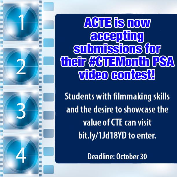 Enter the #CTEMonth PSA contest!
Deadline: October 30
More info/enter at bit.ly/1Jd18YD

<a href="/ACTEcareertech/">ACTE</a>