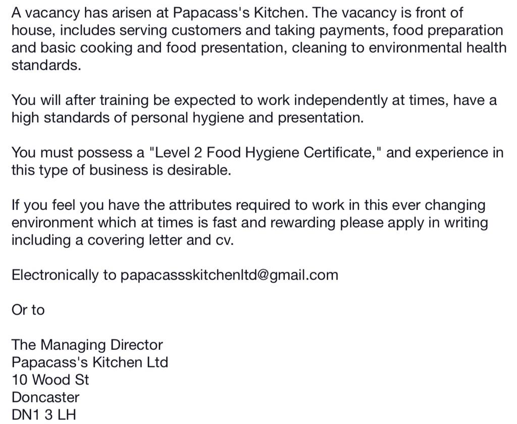 Papacass's has a vacancy @DNB_RT @TraxFM #doncasterisgreat #doncaster #southyorshire #jobs #vacancy #
